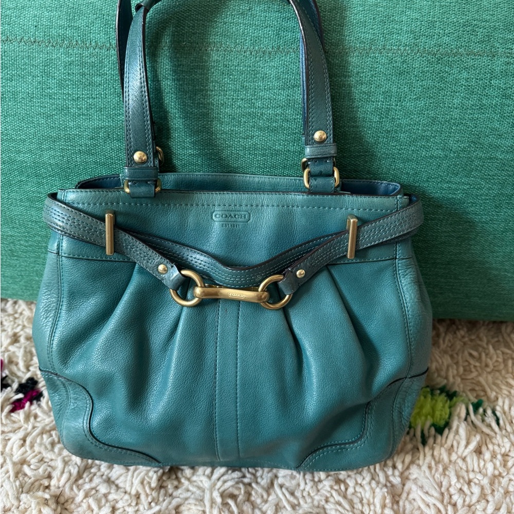 Vintage Coach Teal Pleated Hamptons Leather Shoulder/Carryall Bag